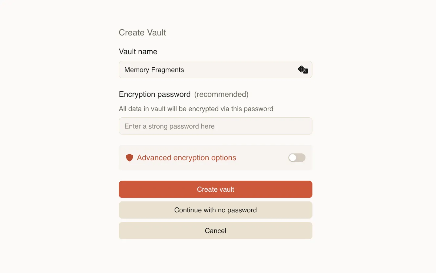 "The Deepink screen with a Vault creation"