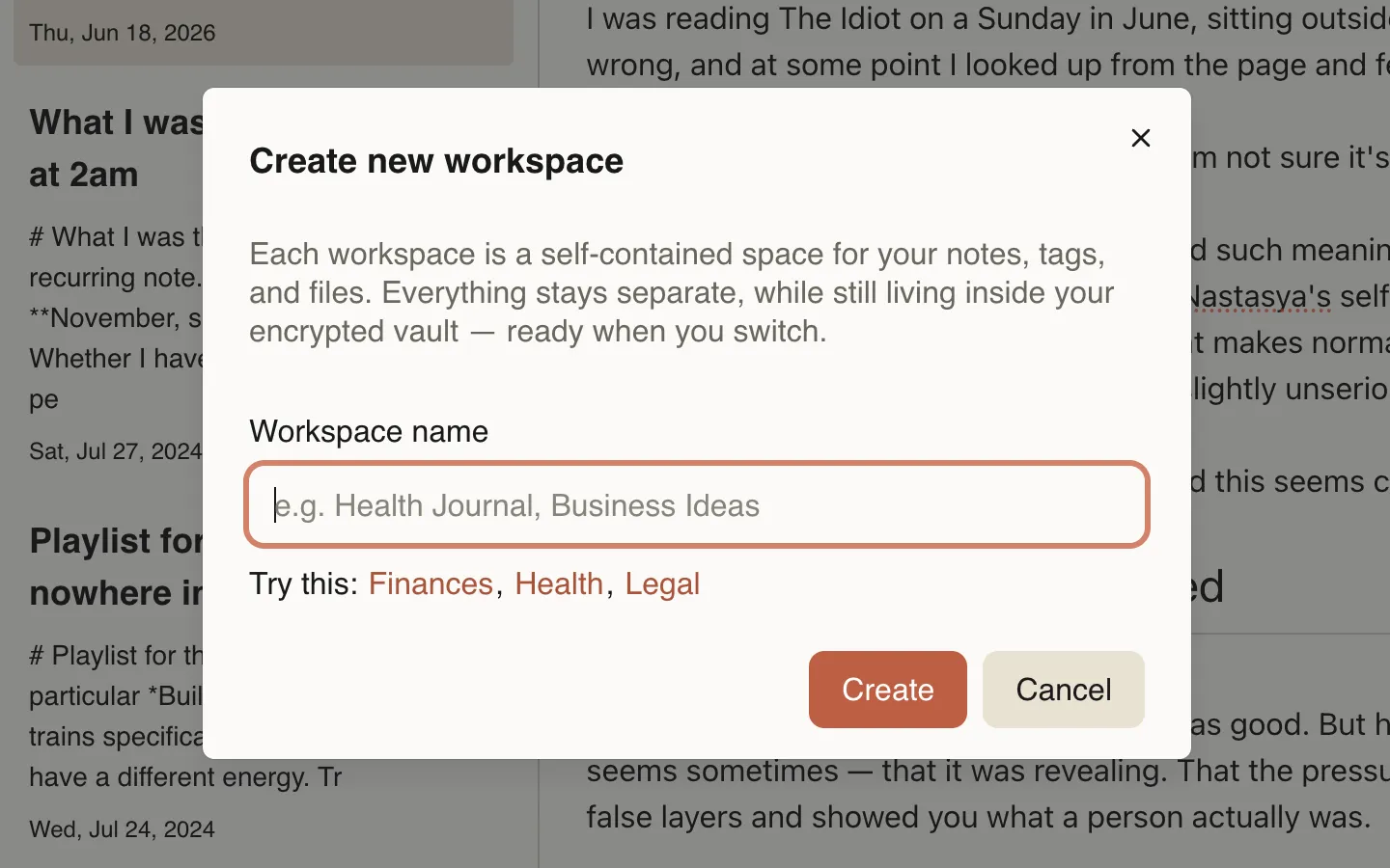Workspace creation popup